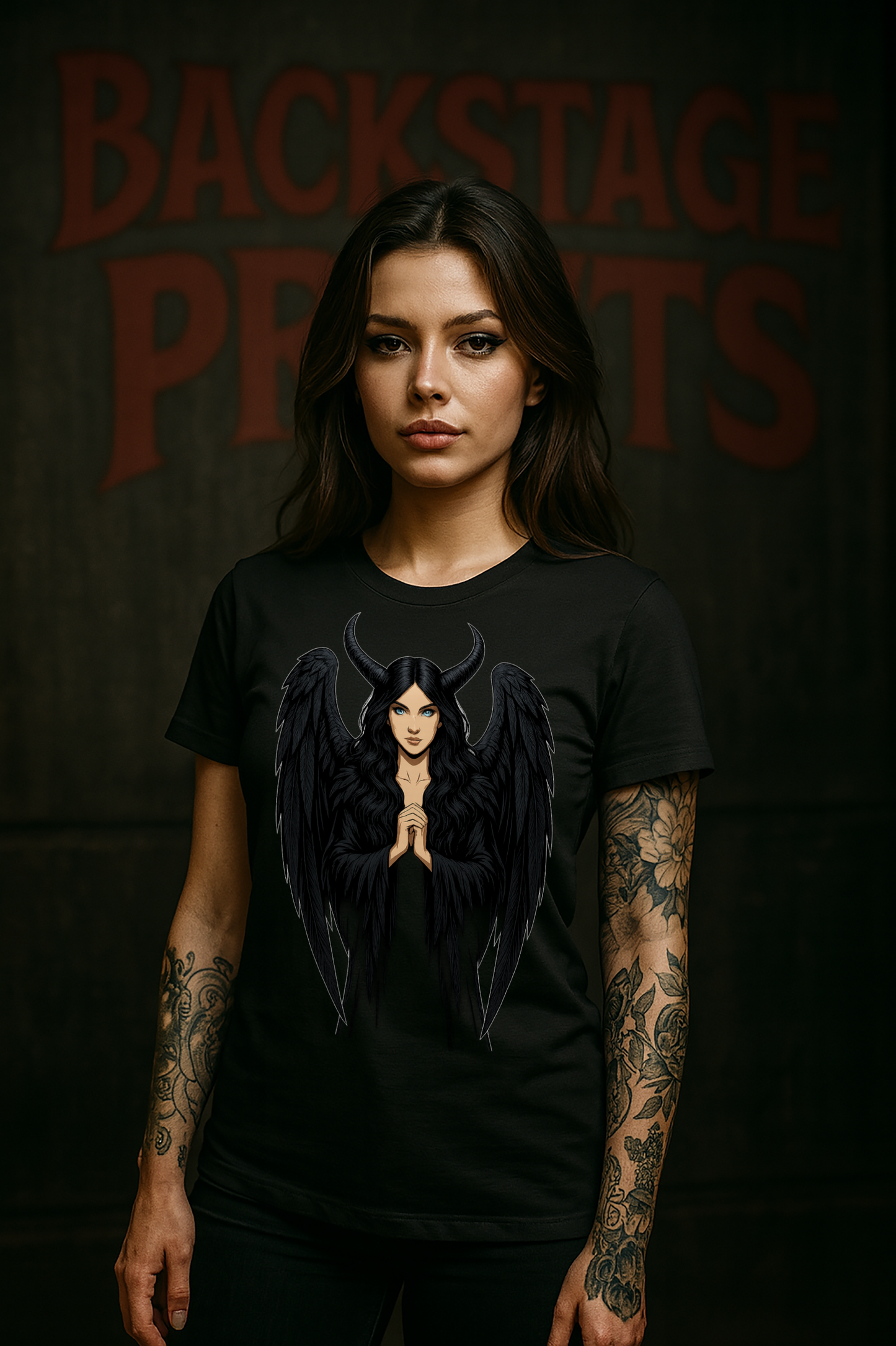 Black Angel Gothic T-Shirt – Heaven Is Where Sinners Stay Back Print  –Short Sleeve Tee