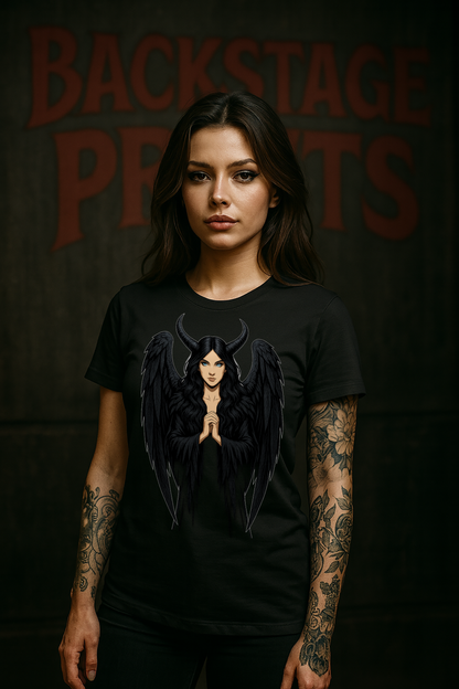 Black Angel Gothic T-Shirt – Heaven Is Where Sinners Stay Back Print  –Short Sleeve Tee