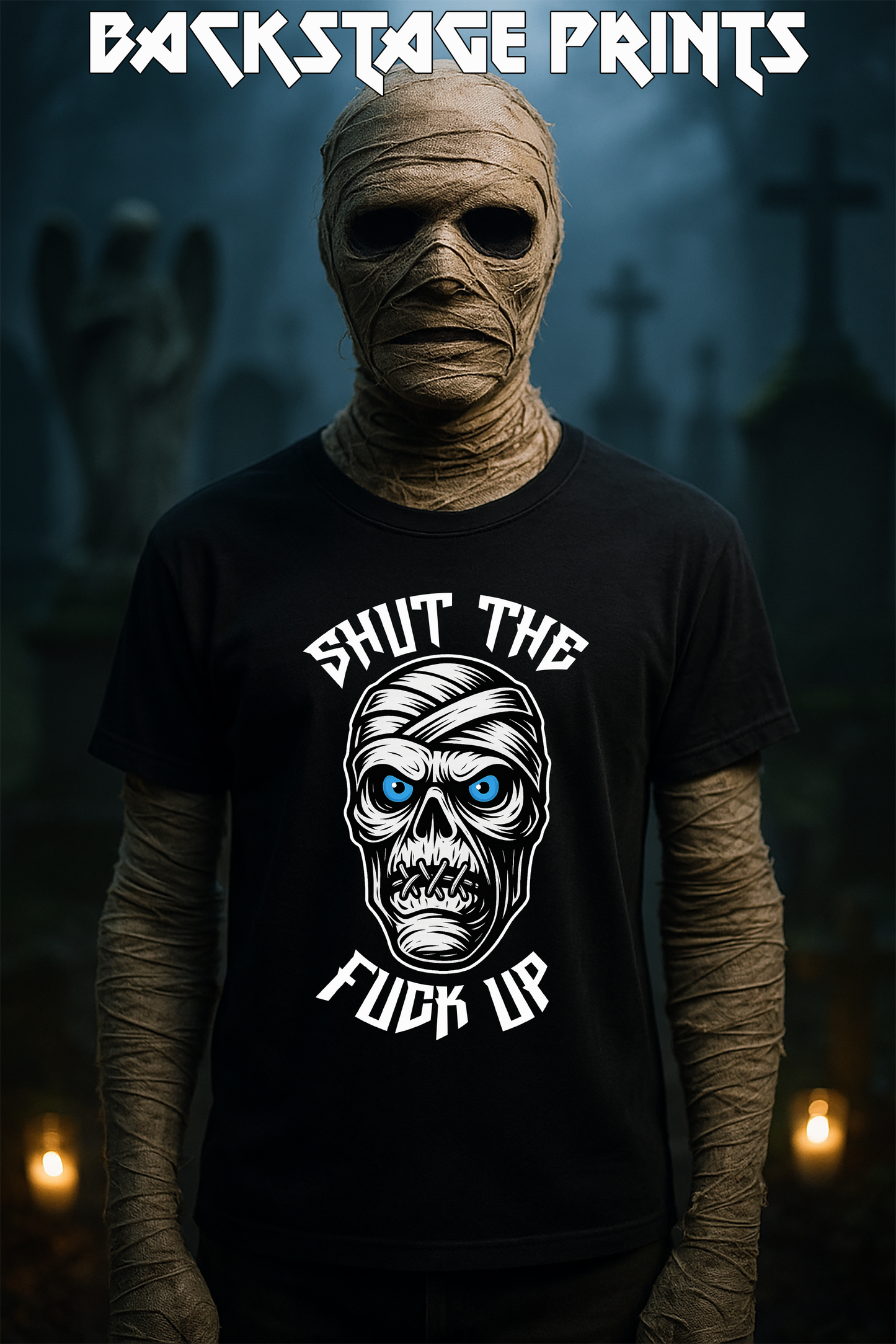 HALLOWEEN Black Unisex Black T-Shirt – Gothic Haunted Castle & Mummy  Design  –Short Sleeve Tee