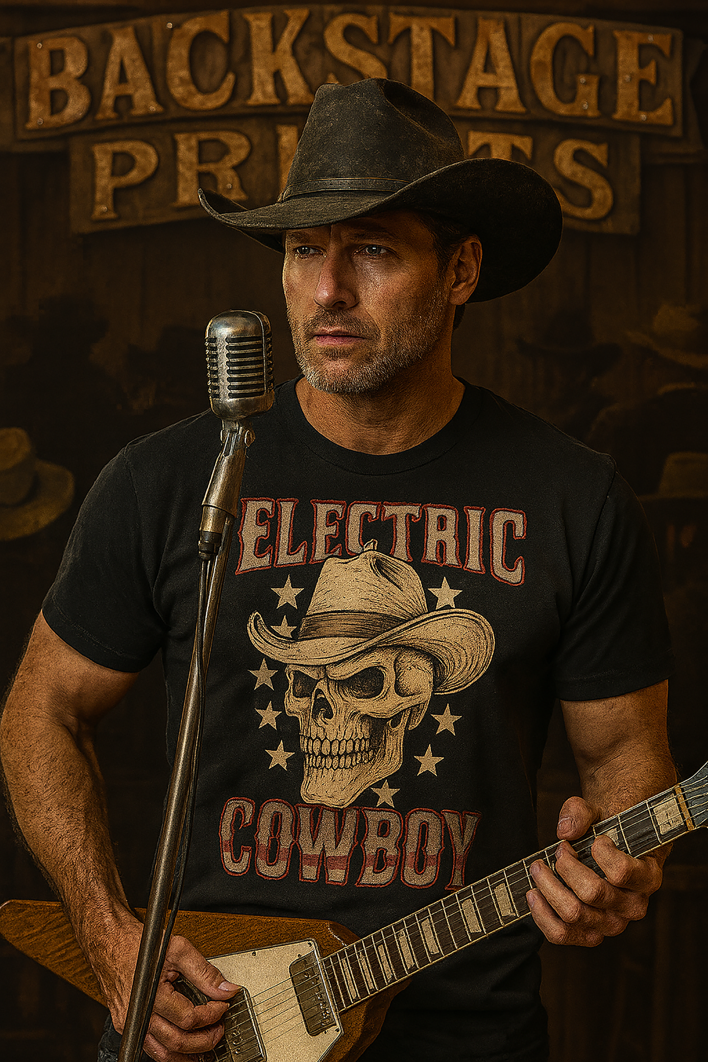 Electric Cowboy Skull – Vintage Western Rock Short Sleeve T- shirt