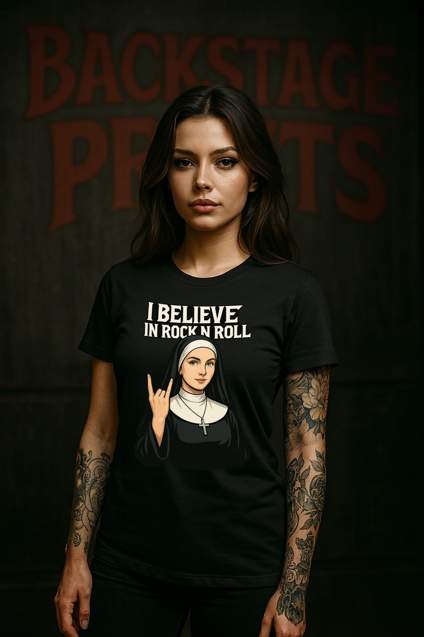 Nun Rock N Roll T-Shirt – Gothic Horror Concert Tee with Back Print  –Short Sleeve Tee