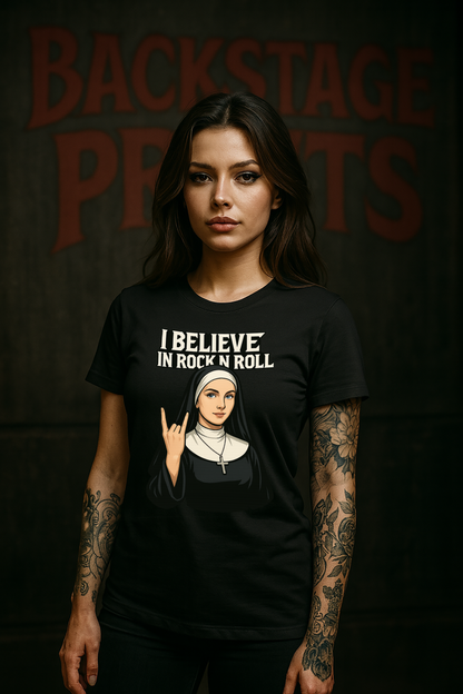 Nun Rock N Roll T-Shirt – Gothic Horror Concert Tee with Back Print  –Short Sleeve Tee