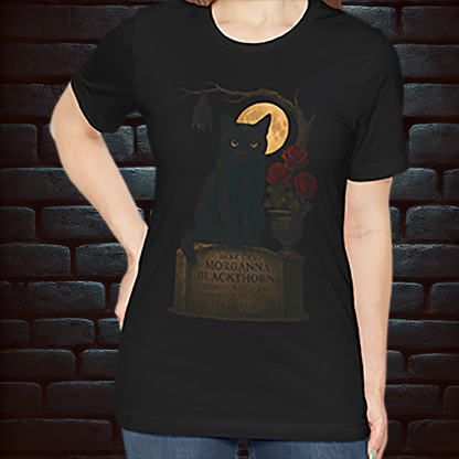 Gothic Halloween Black Cat & Tombstone T-Shirt – Dark Witch Aesthetic Short Sleeve Tee