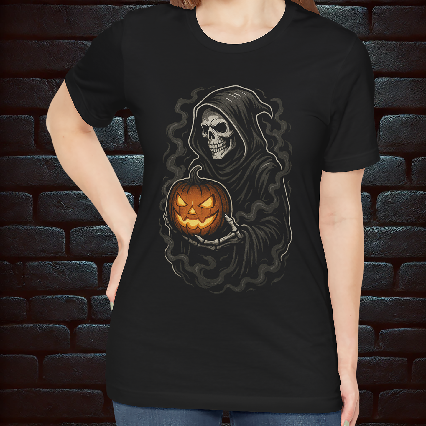 Grim Reaper Pumpkin T-Shirt with Pentagram Back Print – Gothic Halloween Short Sleeve Tee