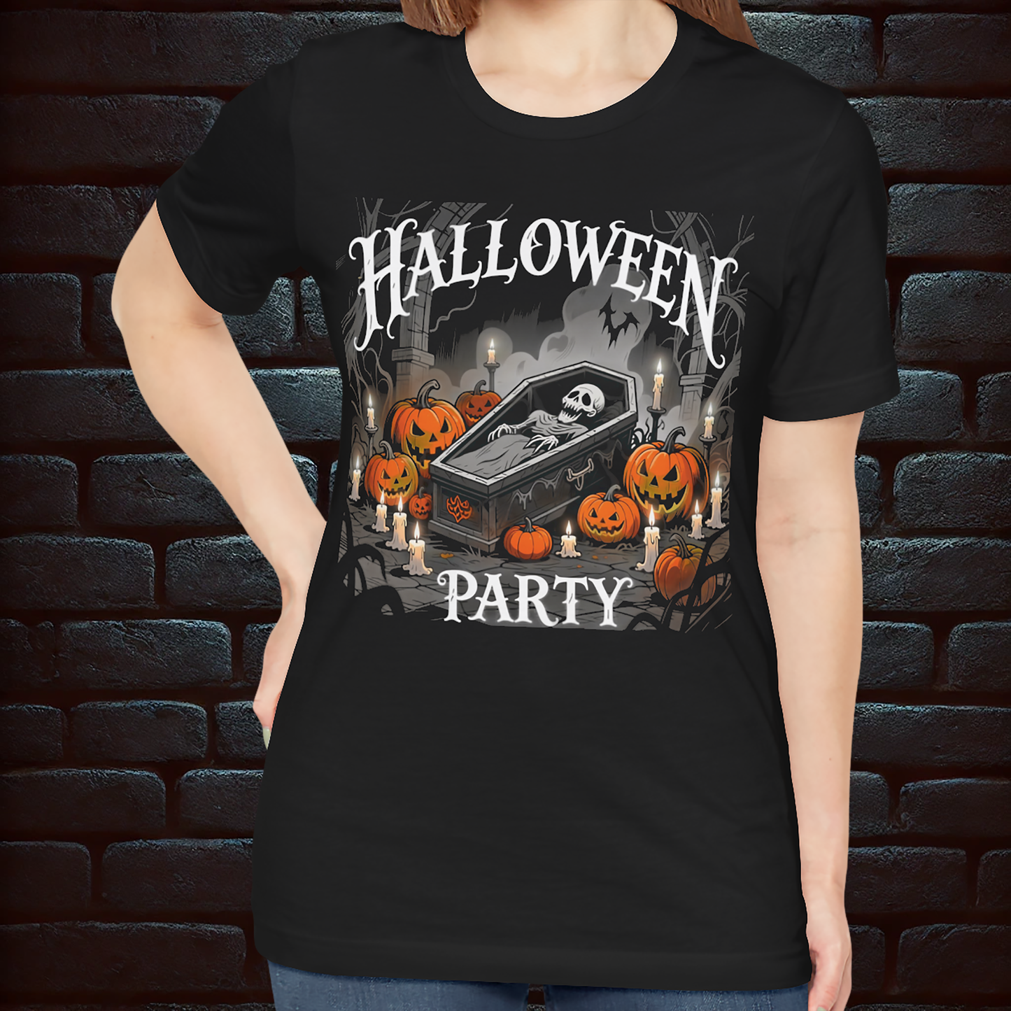 Black Halloween T-shirt Unisex– Halloween Raven & Skeleton Party Design (Front & Back Print) Dark&Fun –Short Sleeve Tee