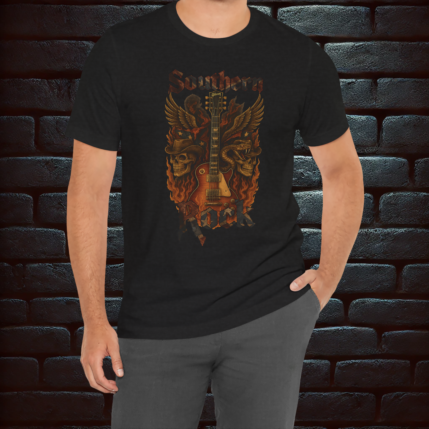 Southern Rock T-Shirt – Guitar & Rebel Flag | Biker Style T-Shirt – Exclusive Edition, Short Sleeve Tee