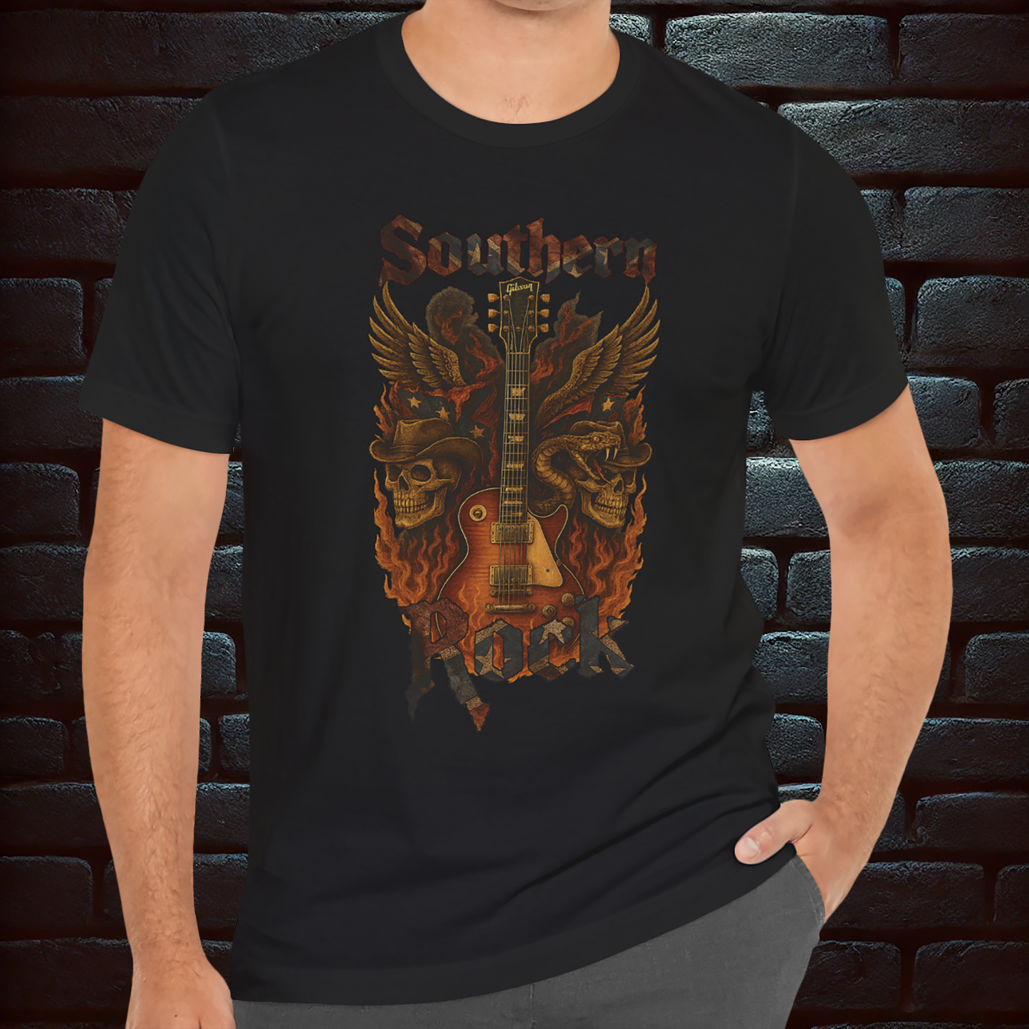 Southern Rock T-Shirt – Guitar & Rebel Flag | Biker Style T-Shirt – Exclusive Edition, Short Sleeve Tee