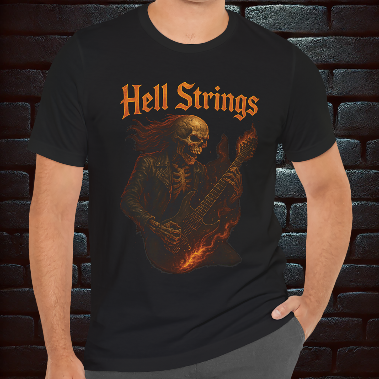 Hell Strings – Flaming Skeleton Guitarist Tee, Short Sleeve T- shirt
