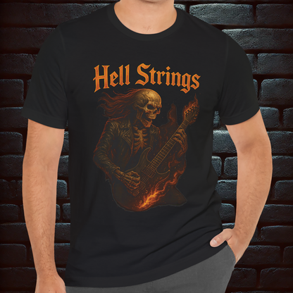 Hell Strings – Flaming Skeleton Guitarist Tee, Short Sleeve T- shirt