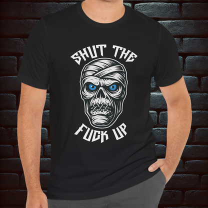 HALLOWEEN Black Unisex Black T-Shirt – Gothic Haunted Castle & Mummy  Design  –Short Sleeve Tee