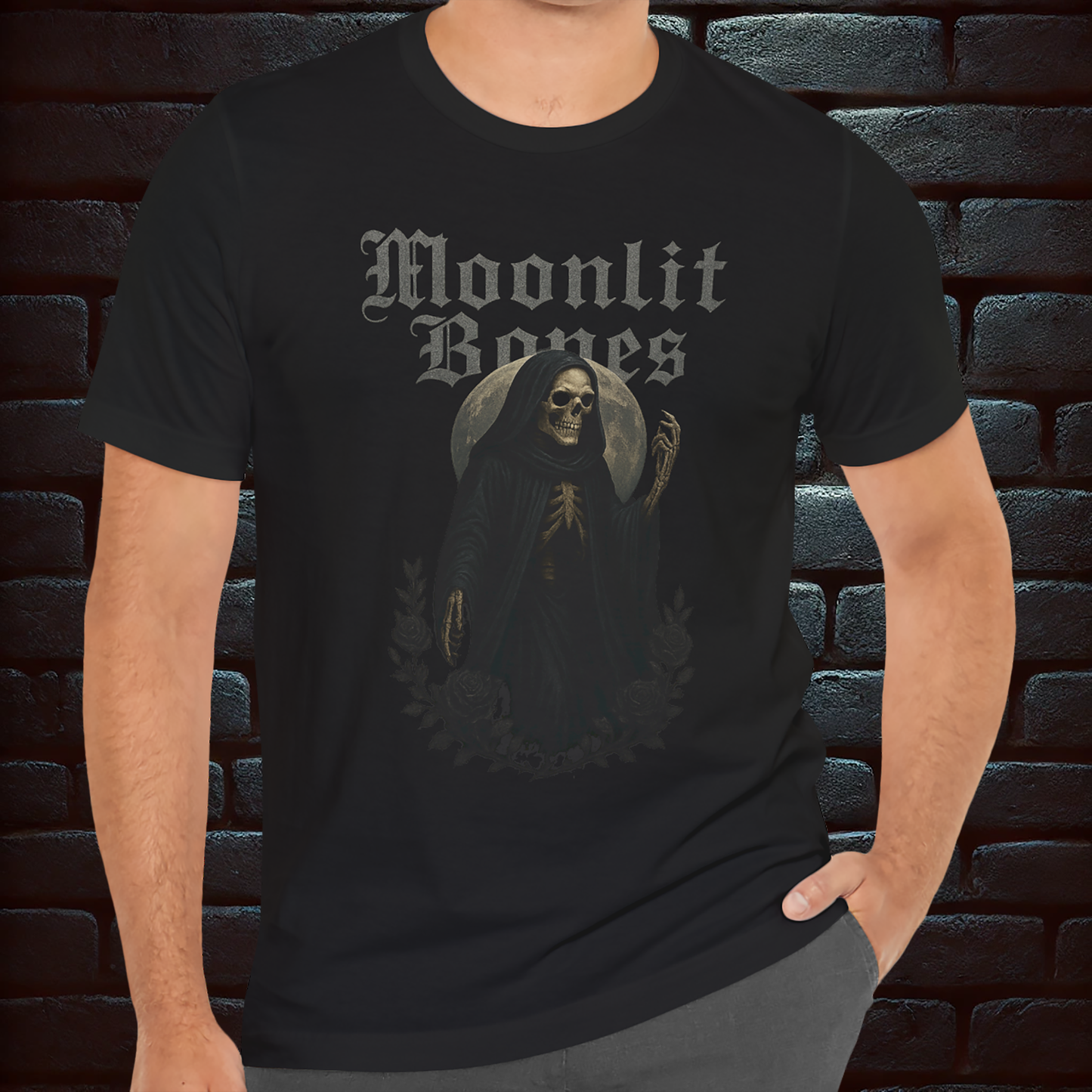 Moonlit Bones – Gothic Reaper Moon Tee, Short Sleeve T- shirt