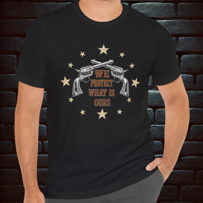 WE PROTECT WHAT IS OURS – Vintage Guns & Stars with BLOOD & HONOR – Confederate Vintage Flag Design on the back, Short Sleeve T- shirt