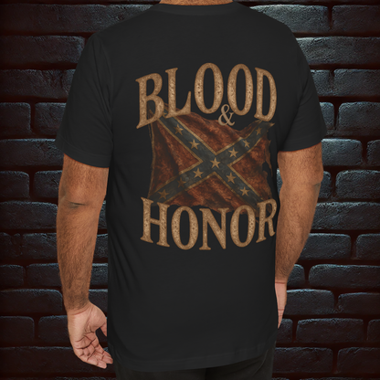 WE PROTECT WHAT IS OURS – Vintage Guns & Stars with BLOOD & HONOR – Confederate Vintage Flag Design on the back, Short Sleeve T- shirt