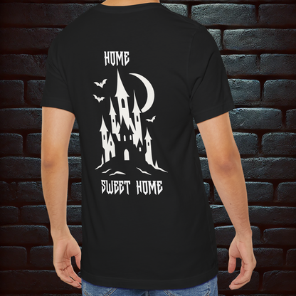 HALLOWEEN Black Unisex Black T-Shirt – Gothic Haunted Castle & Mummy  Design  –Short Sleeve Tee