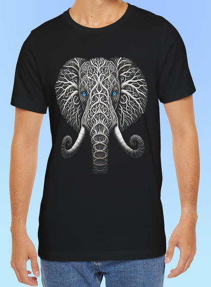 Elephant with Piercing Blue Eyes and Swirling, Tribal-like Patterns Short Sleeve Tee