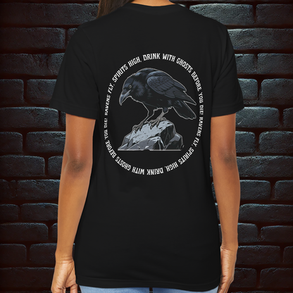 Black Halloween T-shirt Unisex– Halloween Raven & Skeleton Party Design (Front & Back Print) Dark&Fun –Short Sleeve Tee