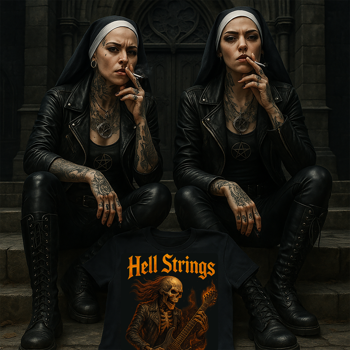 Hell Strings – Flaming Skeleton Guitarist Tee, Short Sleeve T- shirt